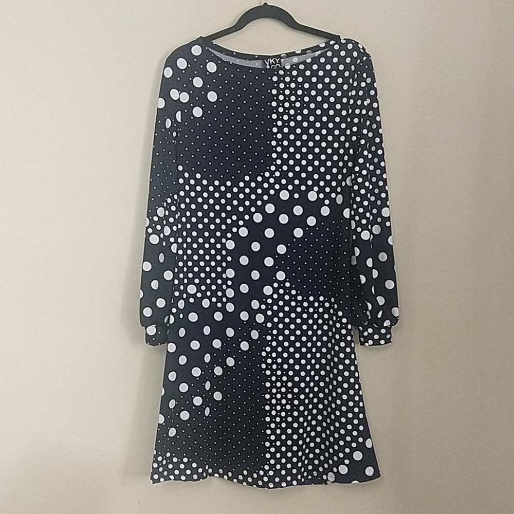 VKY & Co Puff Sleeve Mix Pattern Polkadot Dress Medium